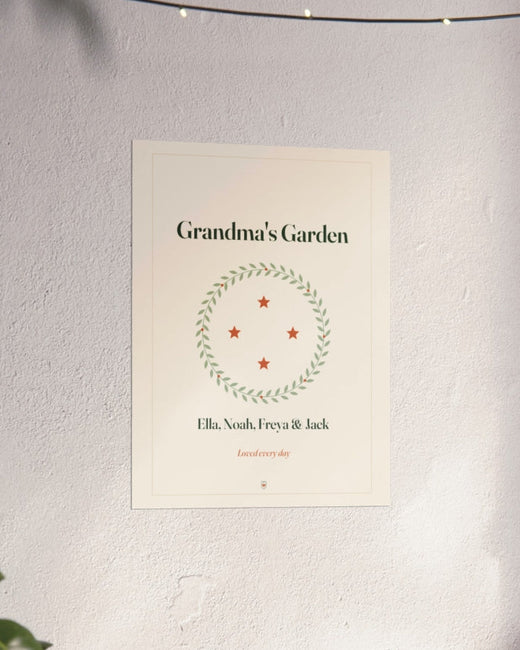 Grandma's Garden print with the example names Ella, Noah, Freya and Jack