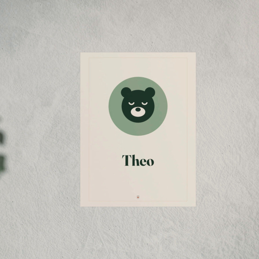 Nursery name print with a bear and the example name Theo