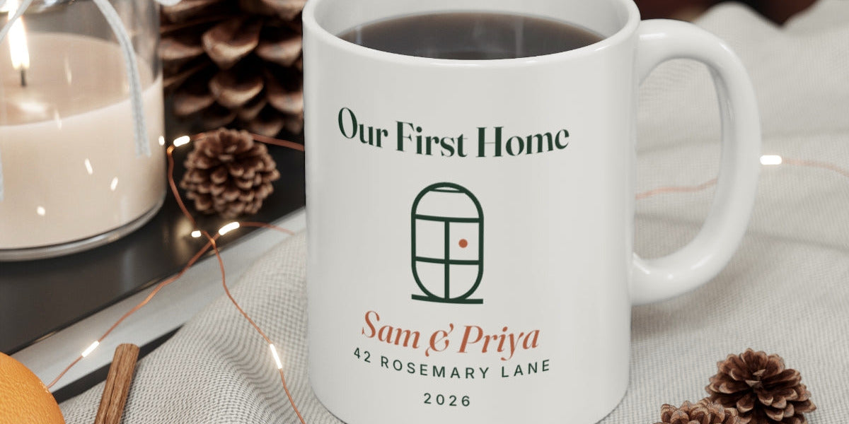 Our First Home mug with the example names Sam and Priya and 42 Rosemary Lane