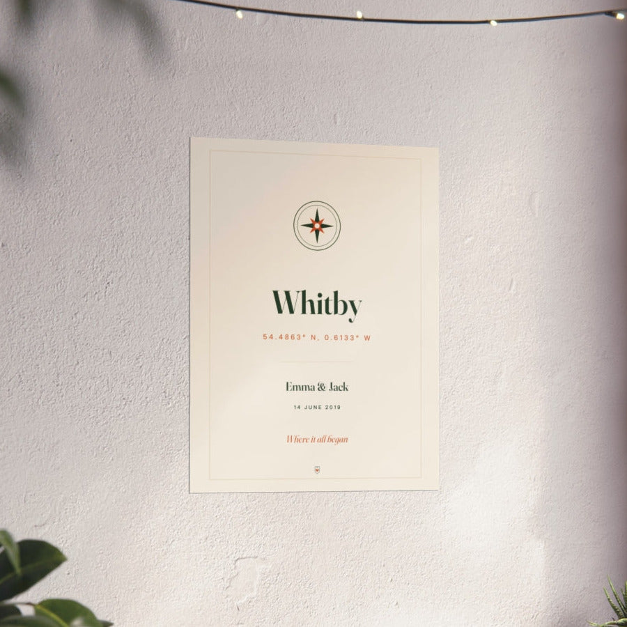 Coordinates print with the example place Whitby, on a warm plaster wall