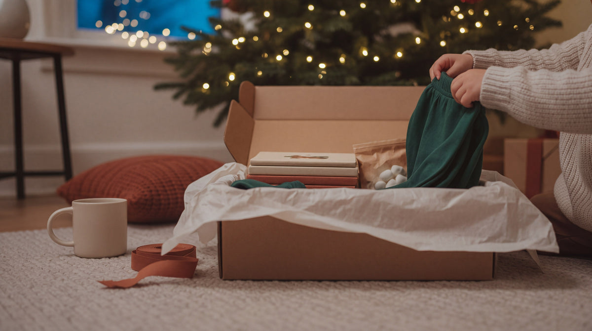 A child's hands lift green pyjamas out of a cardboard box lined with tissue paper, beside picture books and a bag of marshmallows, in front of a lit Christmas tree at dusk.