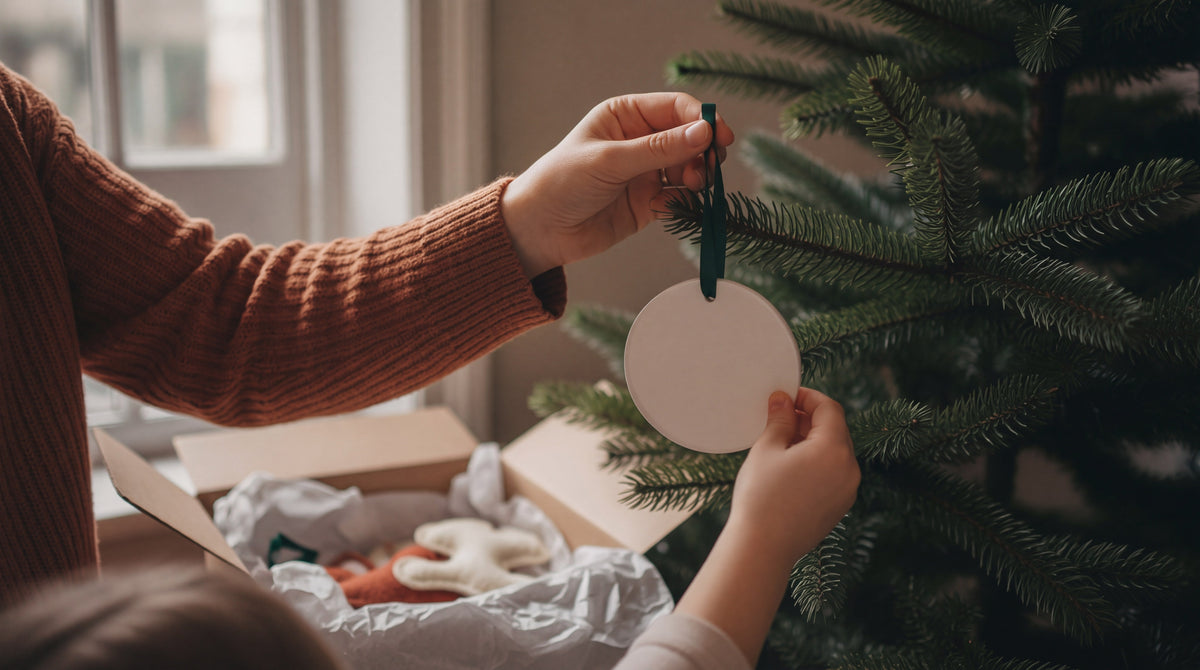 An adult's hand and a child's hand hang a plain white round ornament on a green ribbon from a Christmas tree branch, with a box of decorations below.