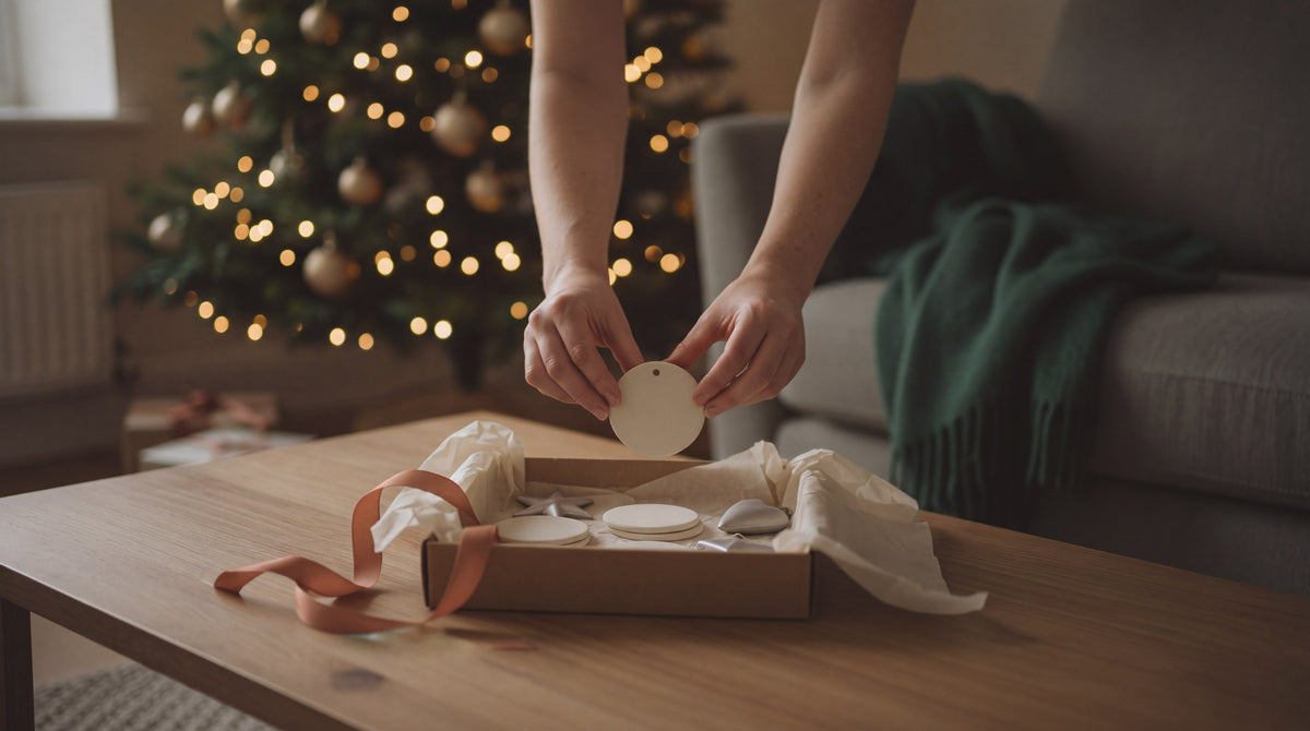 Two hands lift a plain round ornament from a box of ornaments in tissue paper, on a coffee table in front of a lit Christmas tree.