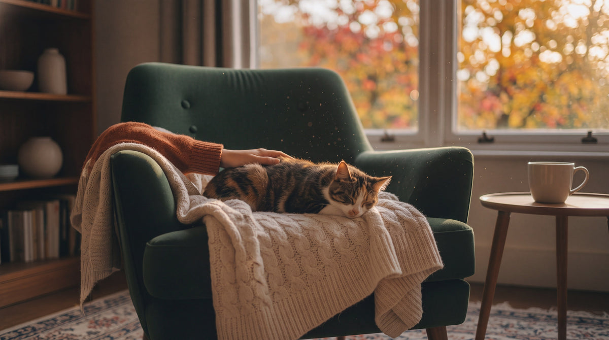 A tortoiseshell and white cat asleep on a cream knitted throw on a green armchair, with a hand resting on its back and autumn trees outside the window.