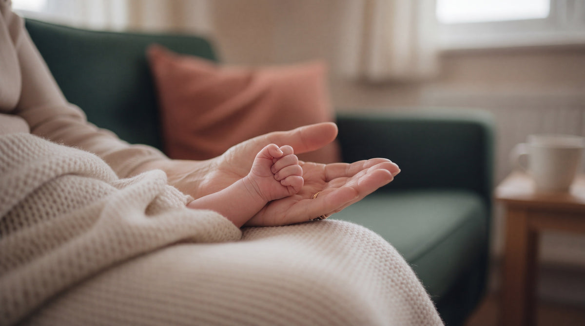 A newborn baby's tiny fist resting in a grandmother's open hand, above a cream knitted blanket on a green sofa.