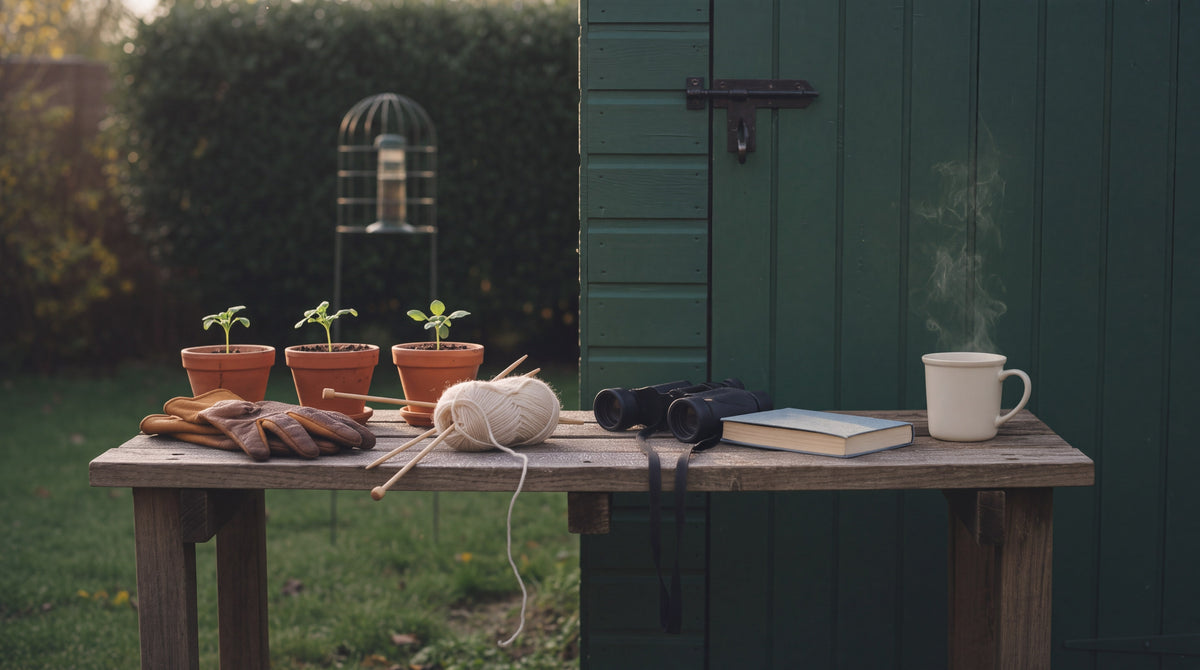 A potting bench by a green shed door with seedlings in terracotta pots, gardening gloves, knitting, binoculars, a book and a steaming mug.