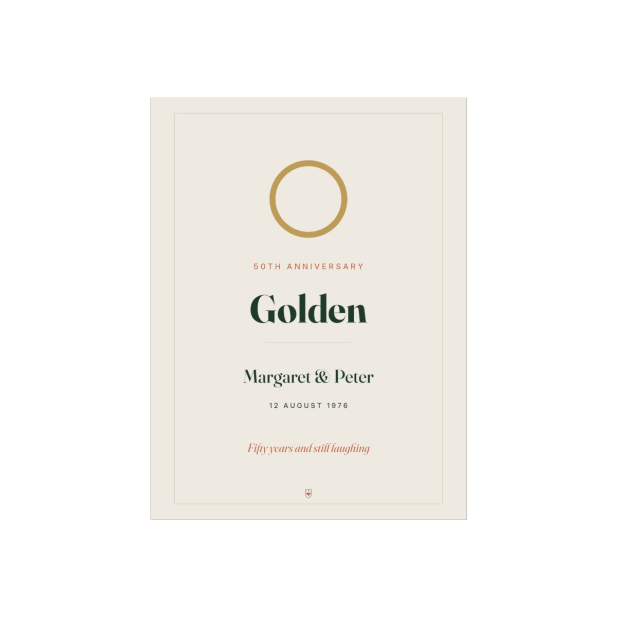 Golden 50th anniversary print with the names Margaret and Peter, the date 12 August 1976 and the line Fifty years and still laughing, beneath a gold ring