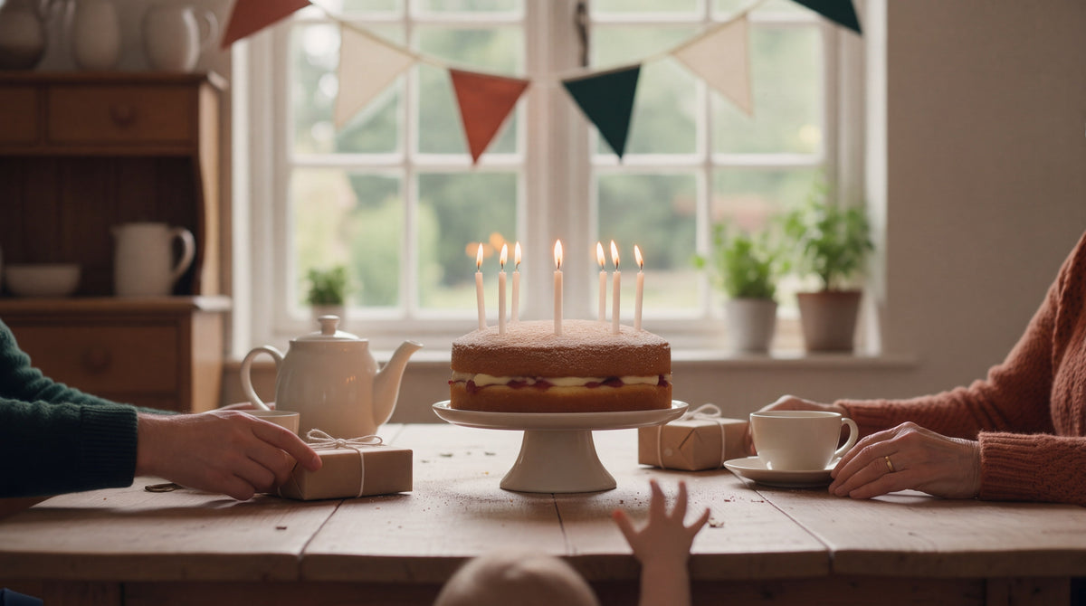 A Victoria sponge with lit candles on a cake stand at a family tea table, with bunting in the window and the hands of three generations around it.