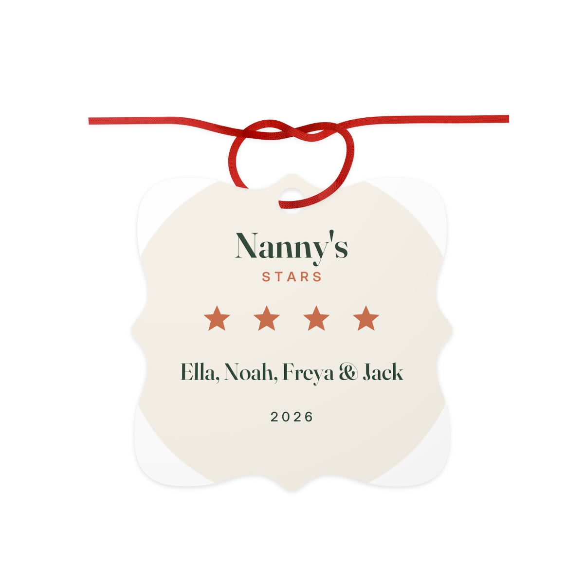 Nanny's Stars aluminium ornament on a red ribbon with four stars, the names Ella, Noah, Freya and Jack, and the year 2026