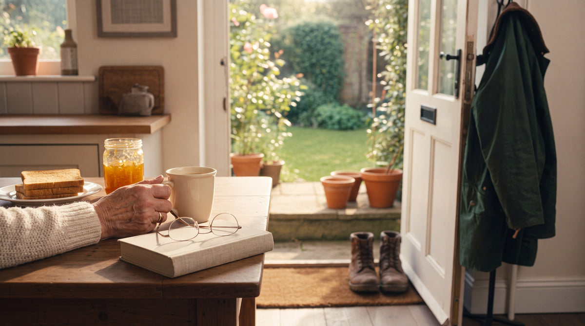 A hand around a mug of tea at a kitchen table with toast, marmalade and reading glasses, looking through an open back door to the garden.