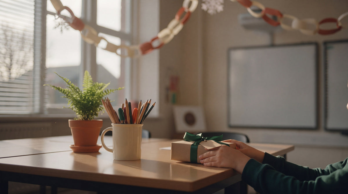 A child's hands place a gift wrapped in brown paper with a green ribbon on a teacher's desk, beside a mug of pencils and a potted fern, under paper-chain decorations.