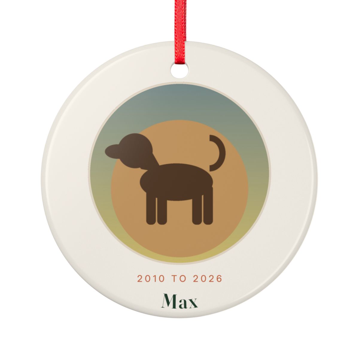 Round ceramic Christmas ornament on a red ribbon with a dog picture in a circle, the years 2010 to 2026 and the name Max
