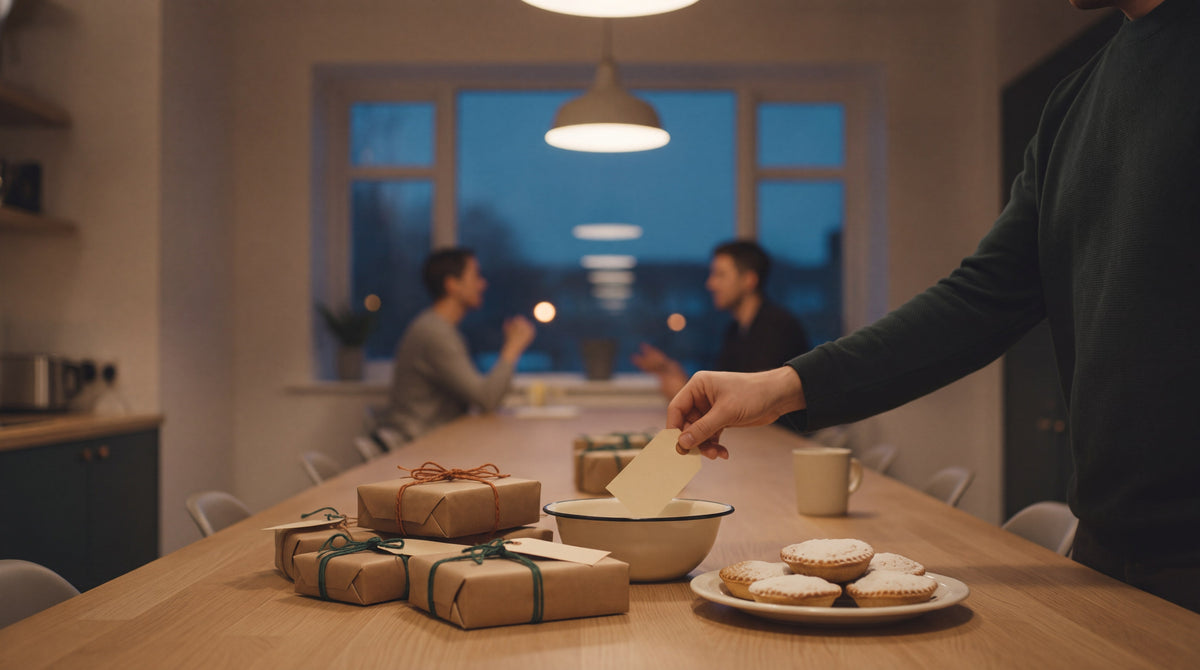 A hand drops a blank paper slip into an enamel bowl on an office kitchen table, next to gifts wrapped in brown paper and a plate of mince pies.