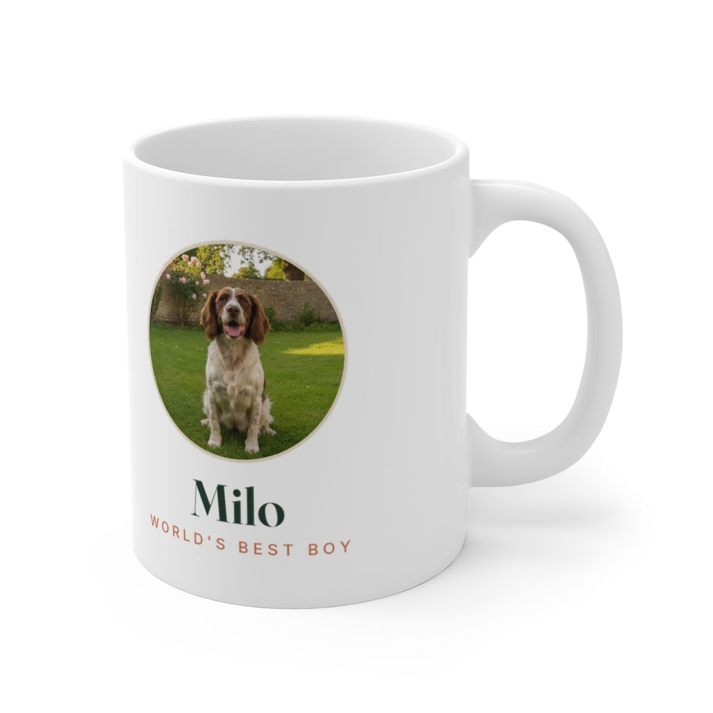 Pet photo mug mock-up from the other side, handle on the right, with the round spaniel photo and 'Milo' print in full