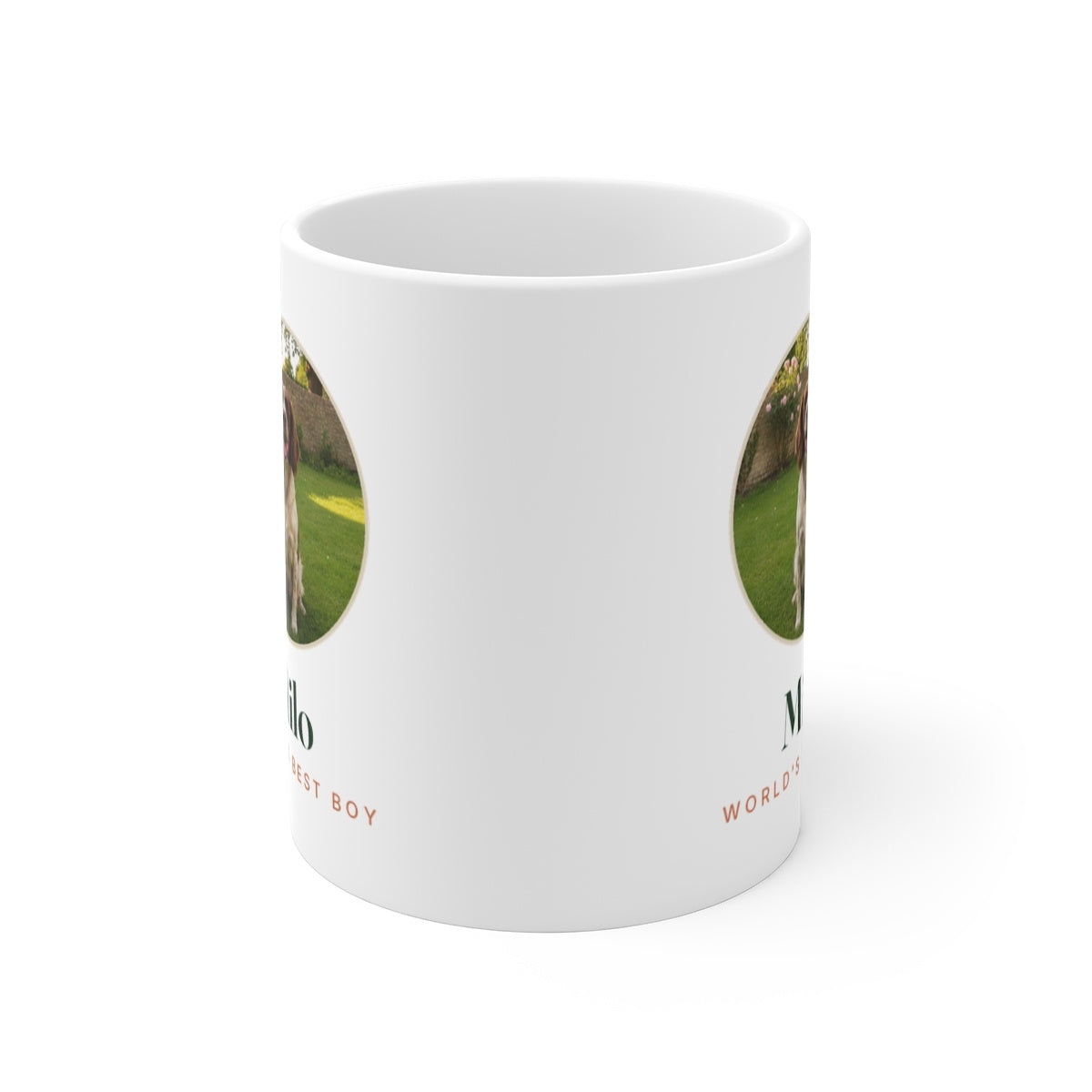 Pet photo mug mock-up straight on with the handle hidden, showing the spaniel photo printed on both sides