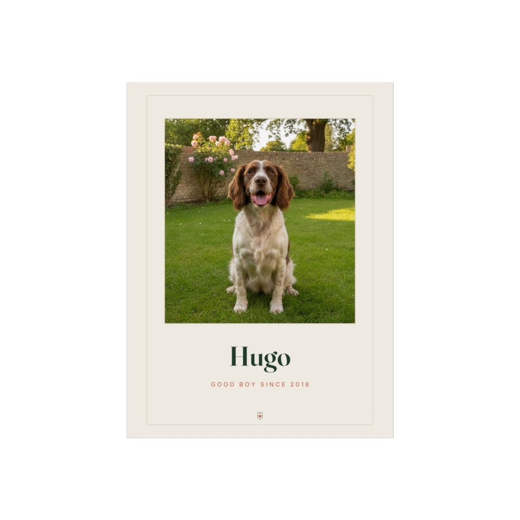 Personalised pet photo print mock-up with a sample springer spaniel photo on a lawn, 'Hugo' and 'Good boy since 2018'