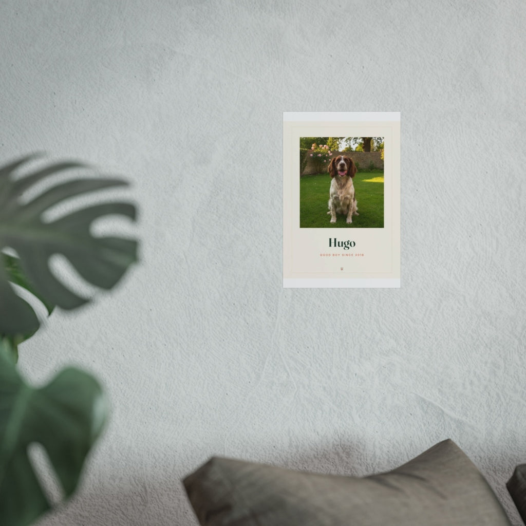 Pet photo print mock-up in the smaller size on the grey wall above a sofa cushion, spaniel photo and 'Hugo'