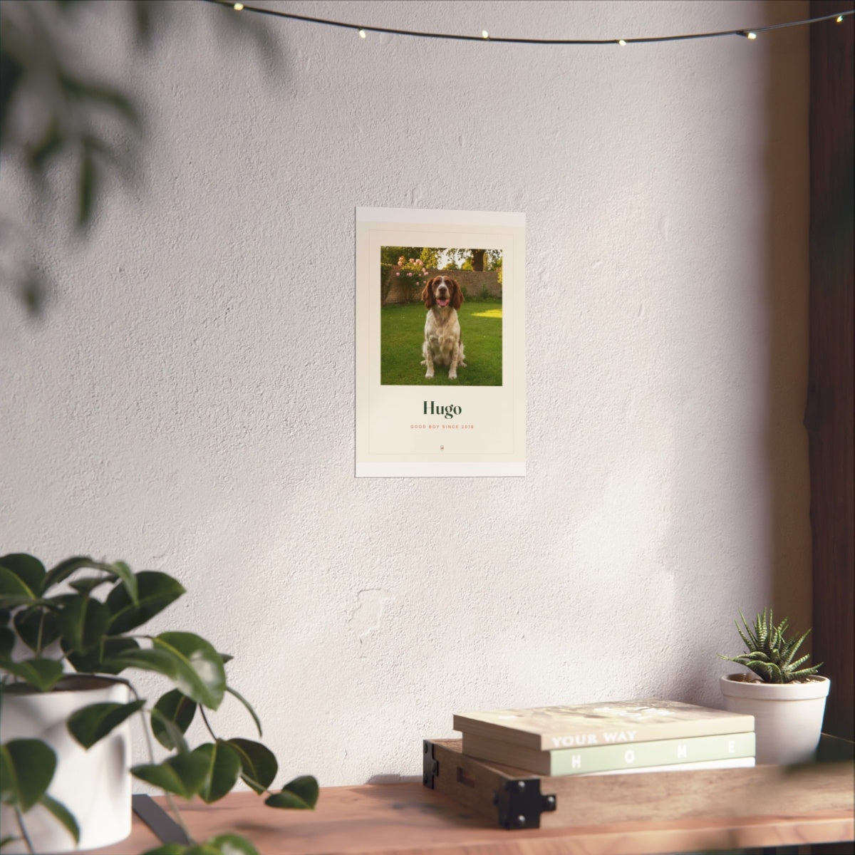 Pet photo print mock-up in the smaller size on the sunlit white wall above the shelf, fairy lights overhead