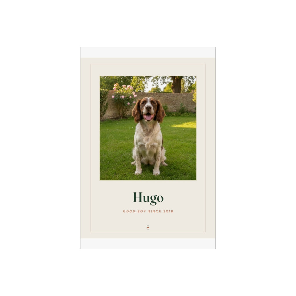 Pet photo print mock-up, unframed with a printed cream border, sample spaniel photo above the name 'Hugo' in dark green