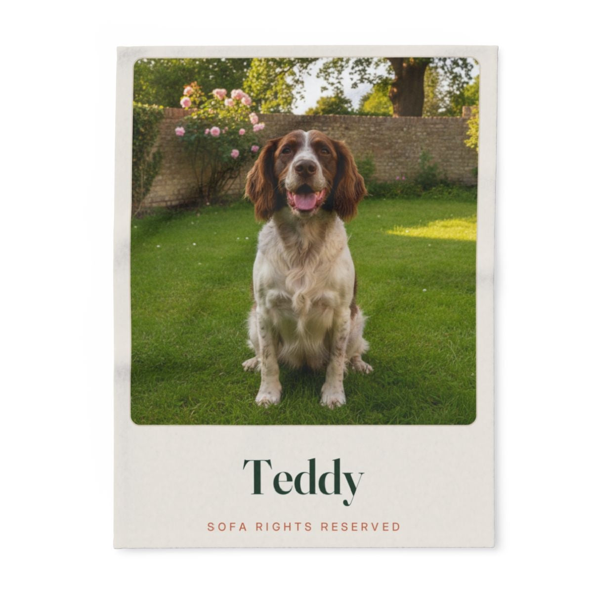 Pet photo fleece blanket mock-up laid flat with a sample spaniel photo on a lawn, 'Teddy' and 'Sofa rights reserved'