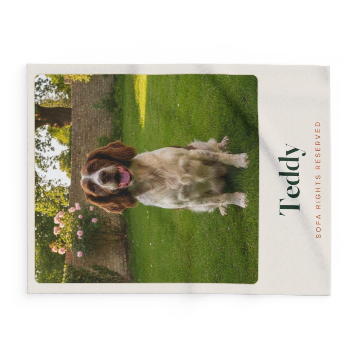 Pet photo fleece blanket mock-up turned sideways so the spaniel photo and 'Teddy' read along the long edge