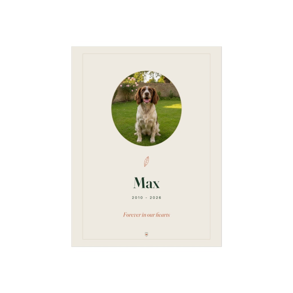 Pet memorial print mock-up with a round sample spaniel photo, a feather, 'Max', '2010 - 2026' and 'Forever in our hearts'