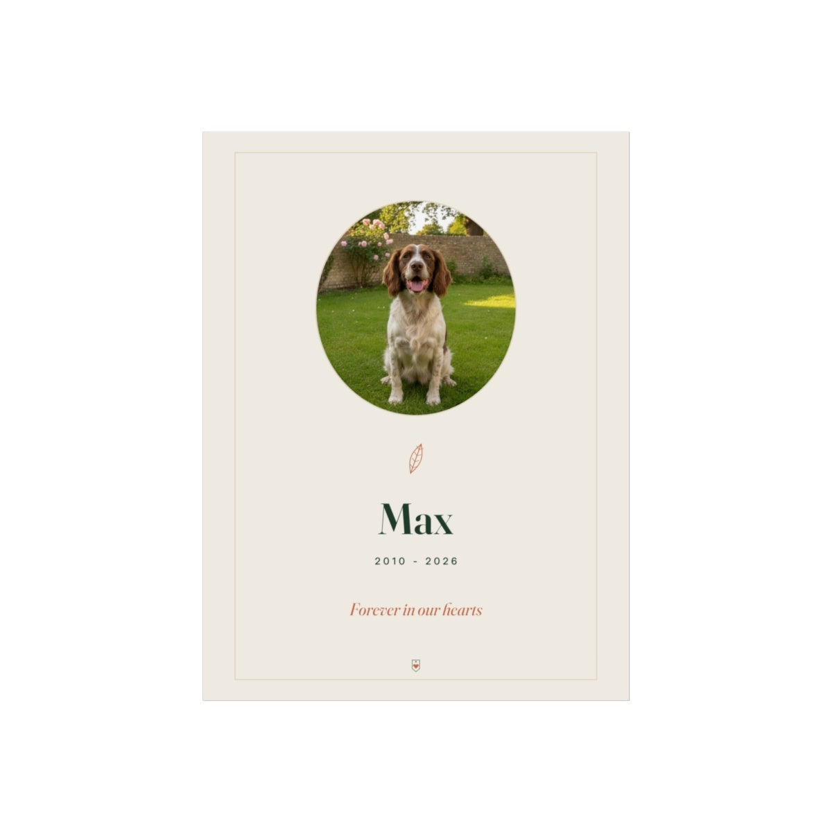 Pet memorial print mock-up with a round sample spaniel photo, a feather, 'Max', '2010 - 2026' and 'Forever in our hearts'