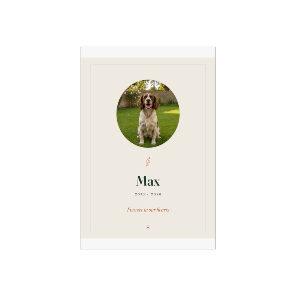 Pet memorial print mock-up flat on a grey background with the round spaniel photo, 'Max' and 'Forever in our hearts'