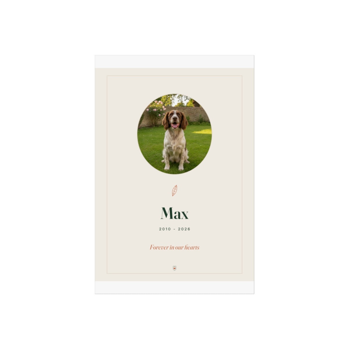 Pet memorial print mock-up flat on a grey background with the round spaniel photo, 'Max' and 'Forever in our hearts'
