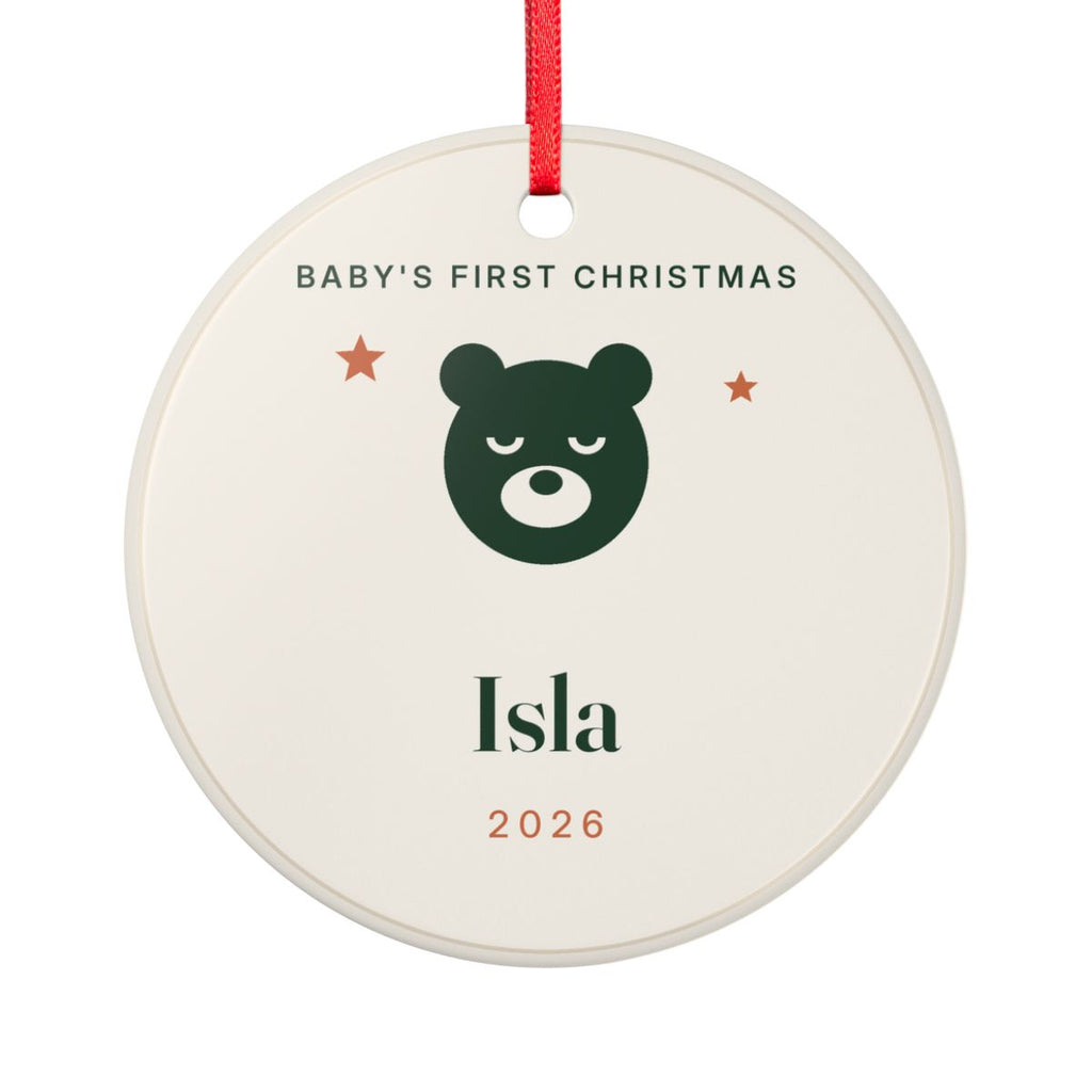 Baby's First Christmas ceramic ornament mock-up seen from the other side, with the same green bear, two stars, 'Isla' and '2026'