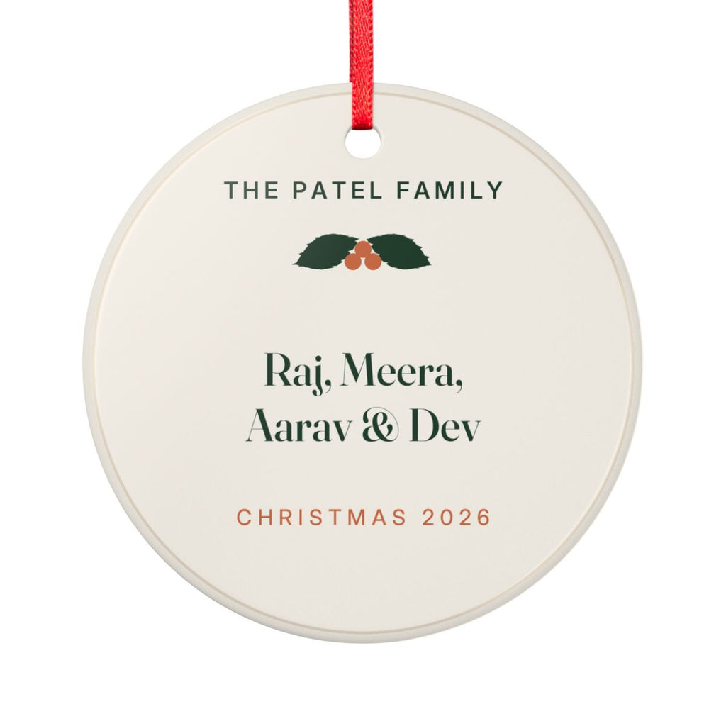 Family ceramic Christmas ornament mock-up seen from the other side, with the same holly, 'The Patel Family', four sample names and 'Christmas 2026'