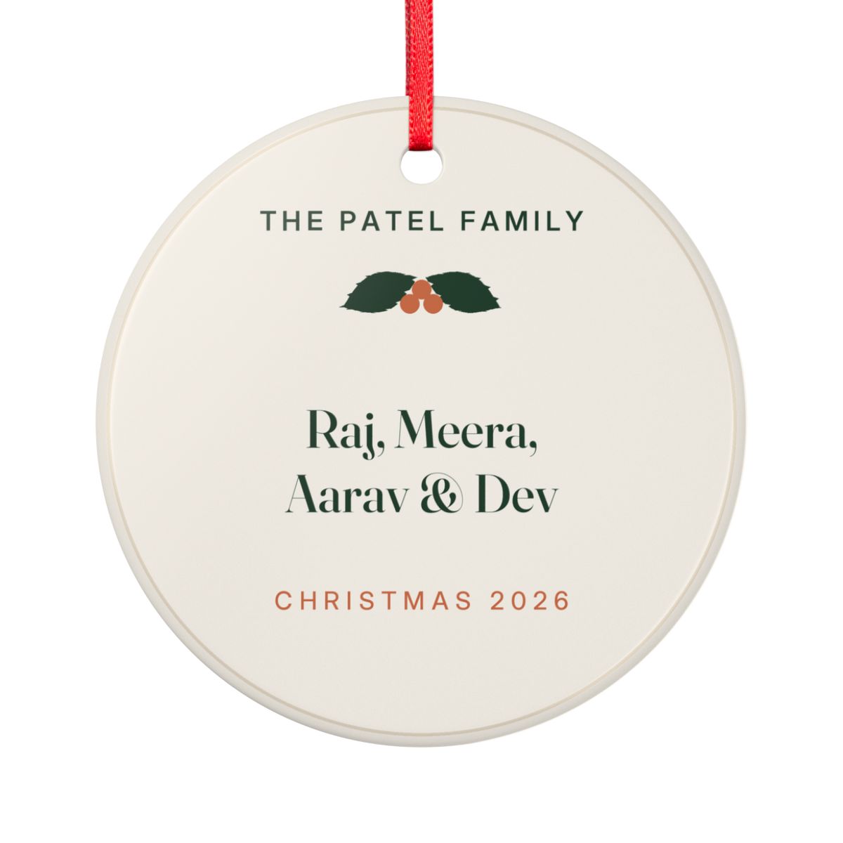 Family ceramic Christmas ornament mock-up seen from the other side, with the same holly, 'The Patel Family', four sample names and 'Christmas 2026'