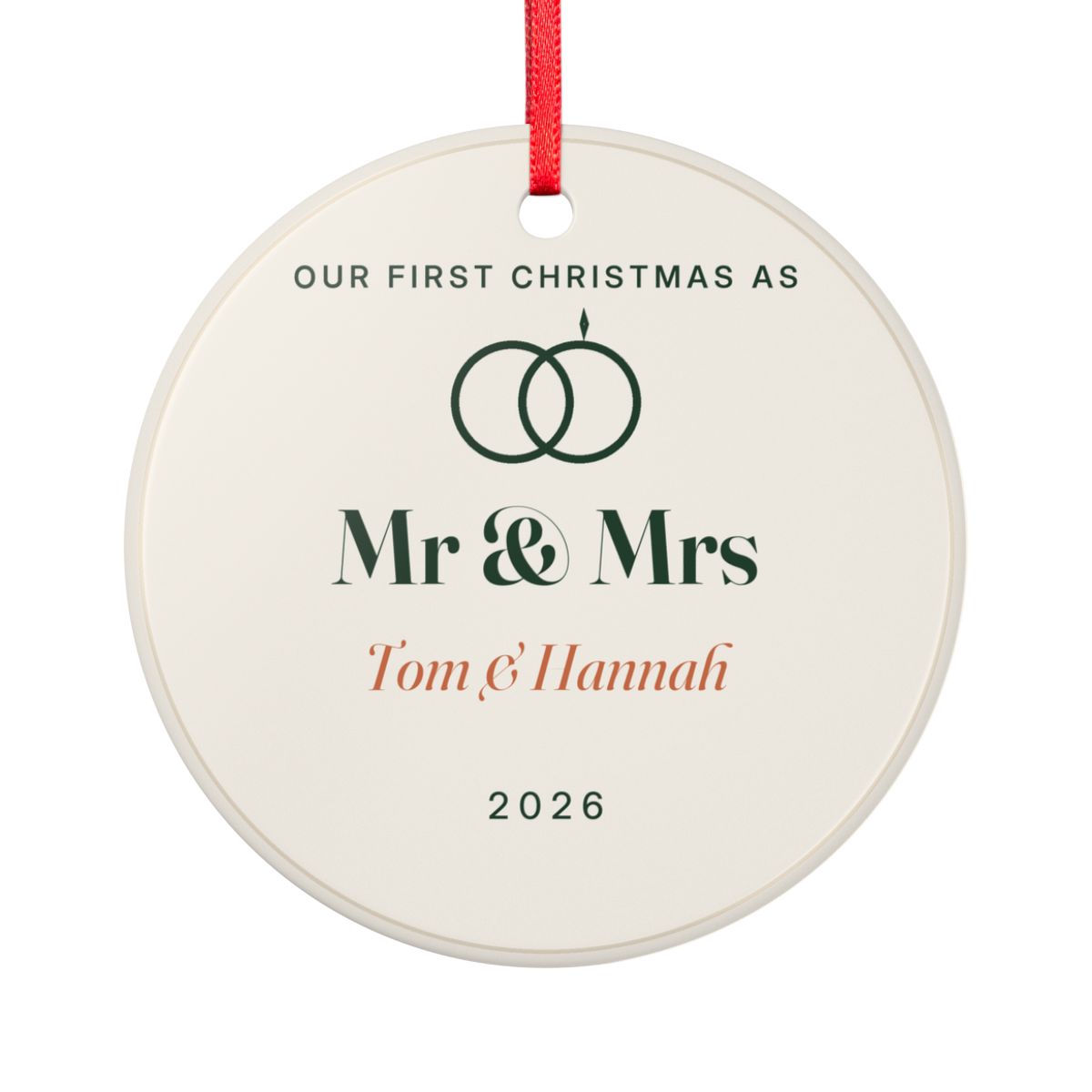 Our first Christmas ceramic ornament mock-up seen from the other side, with the same linked rings, 'Mr & Mrs', 'Tom & Hannah' and '2026'