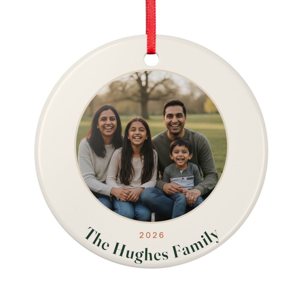 Family photo ceramic Christmas ornament mock-up seen from the other side, with the same sample photo of a family of four, '2026' and 'The Hughes Family'
