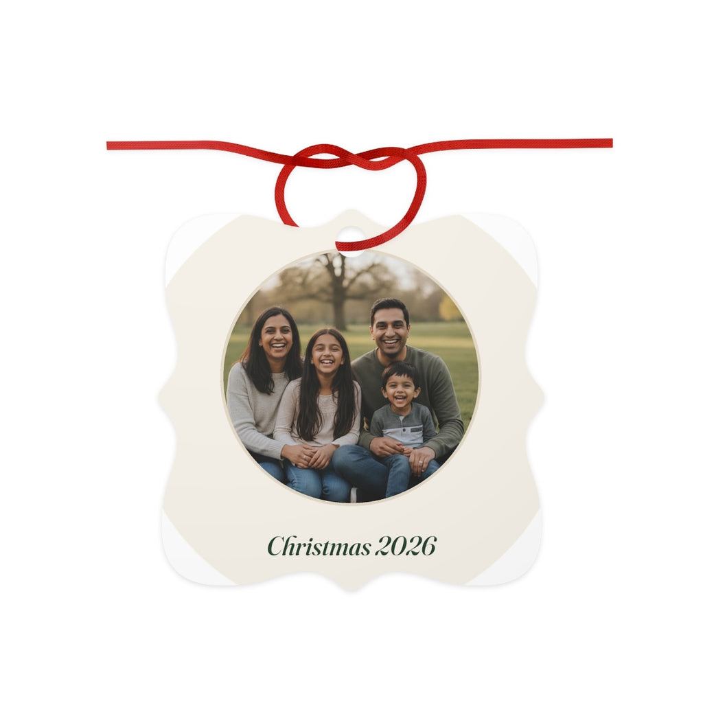 Personalised photo aluminium ornament mock-up, scalloped cream square with a sample family photo and 'Christmas 2026'