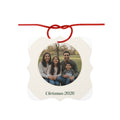 Personalised photo aluminium ornament mock-up, scalloped cream square with a sample family photo and 'Christmas 2026'
