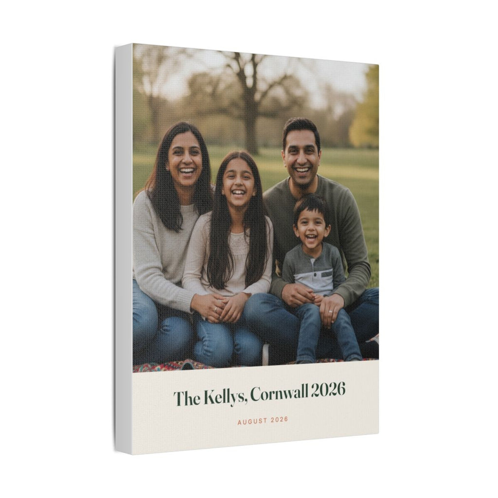 Personalised family photo canvas mock-up angled to show the wrapped edge and depth of the stretched canvas