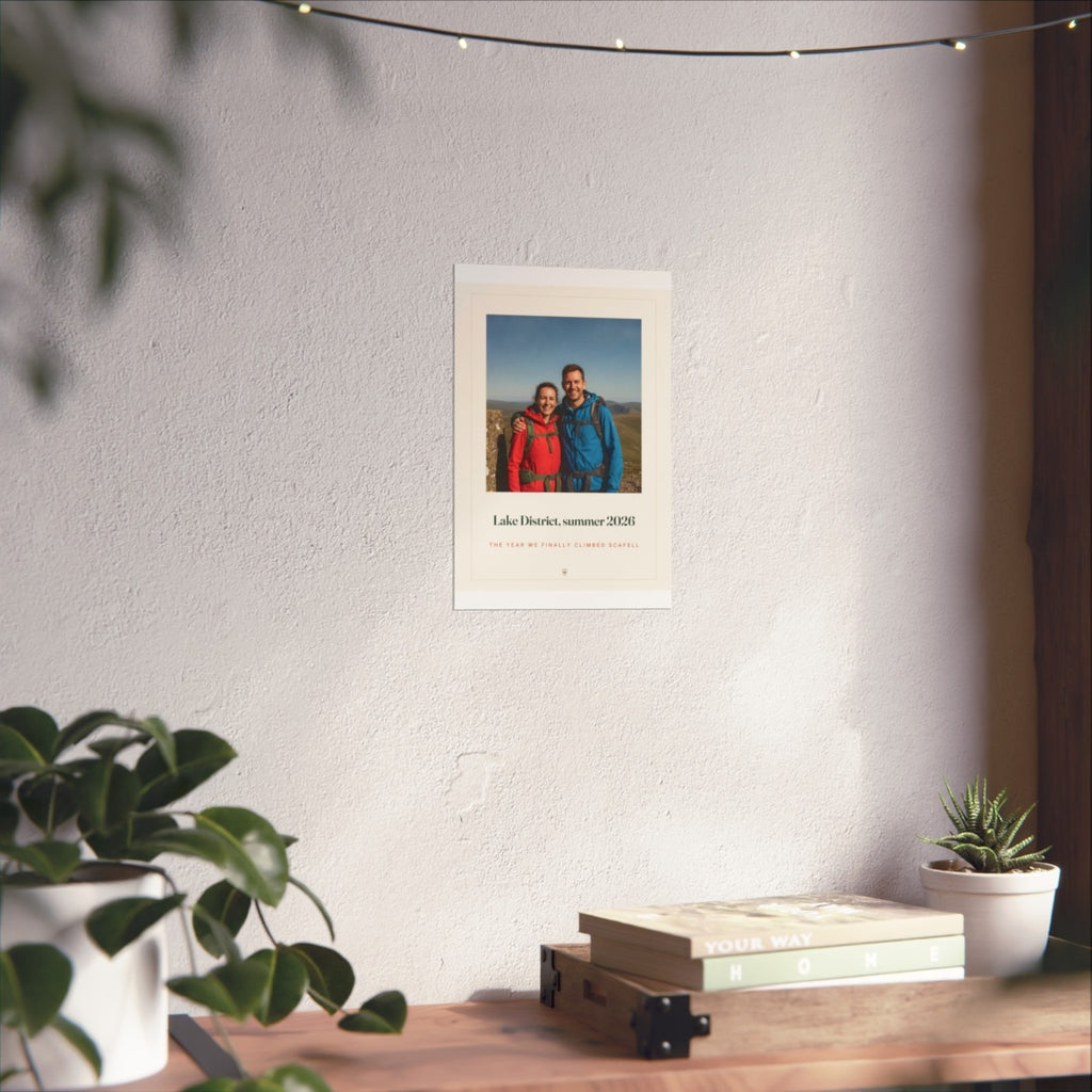 Photo print with caption mock-up in the smaller size on the sunlit white wall above the shelf, fairy lights overhead