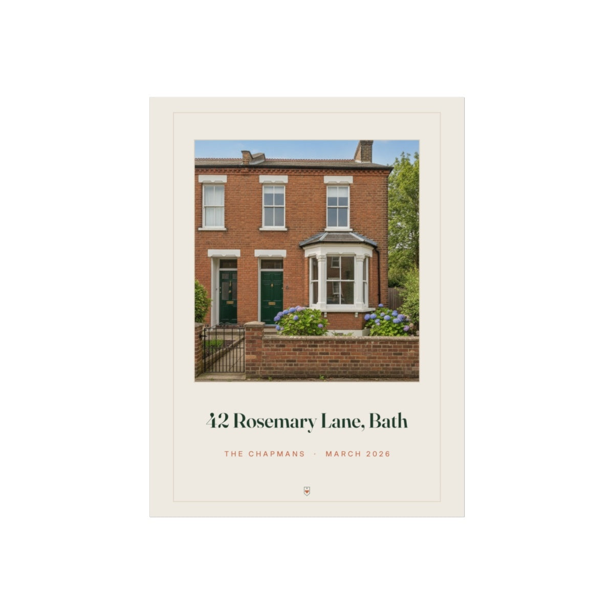 Personalised new home photo print mock-up, flat view with a red-brick house, '42 Rosemary Lane, Bath' and 'The Chapmans'