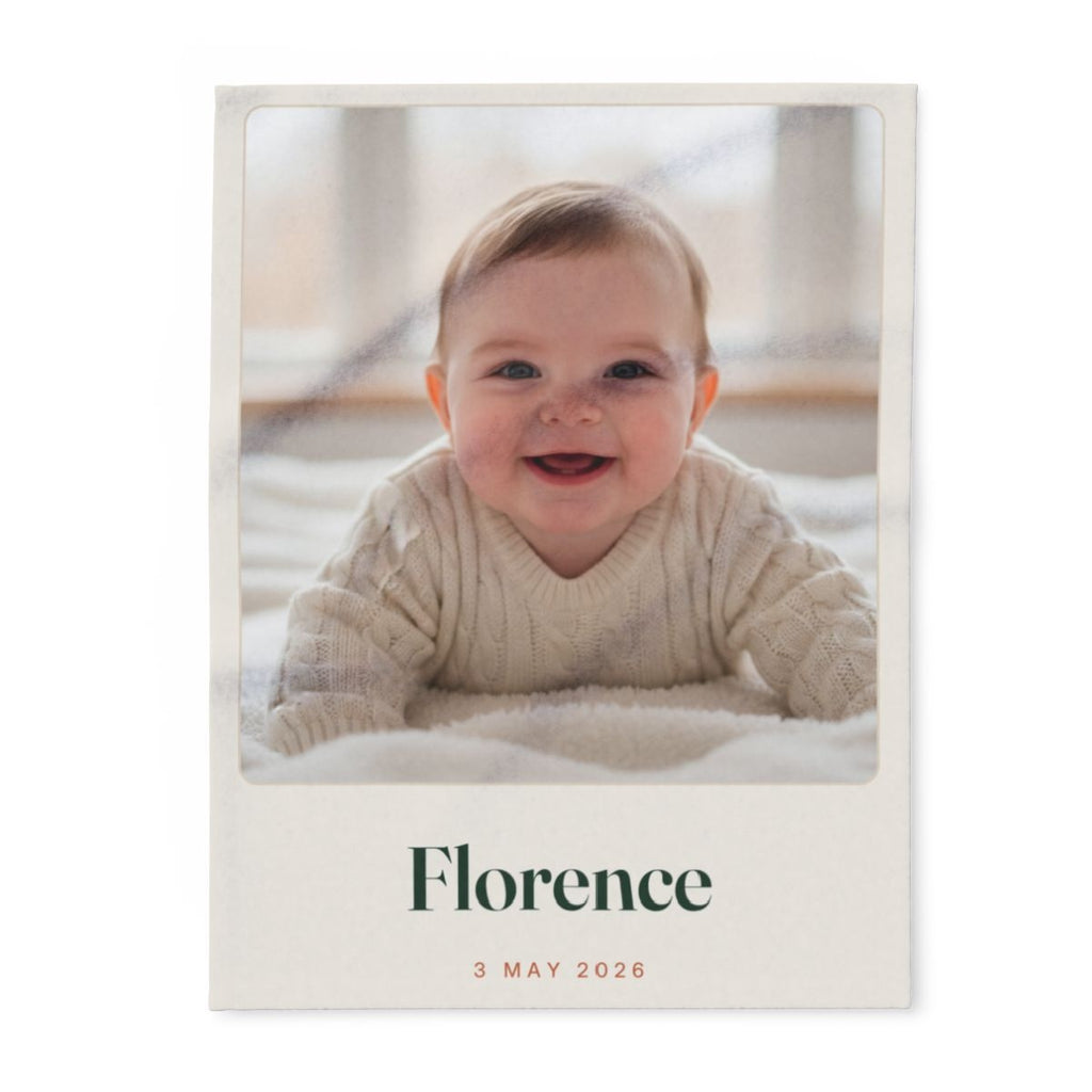 Personalised baby photo fleece blanket mock-up laid flat, with a smiling baby's photo, 'Florence' and '3 May 2026'