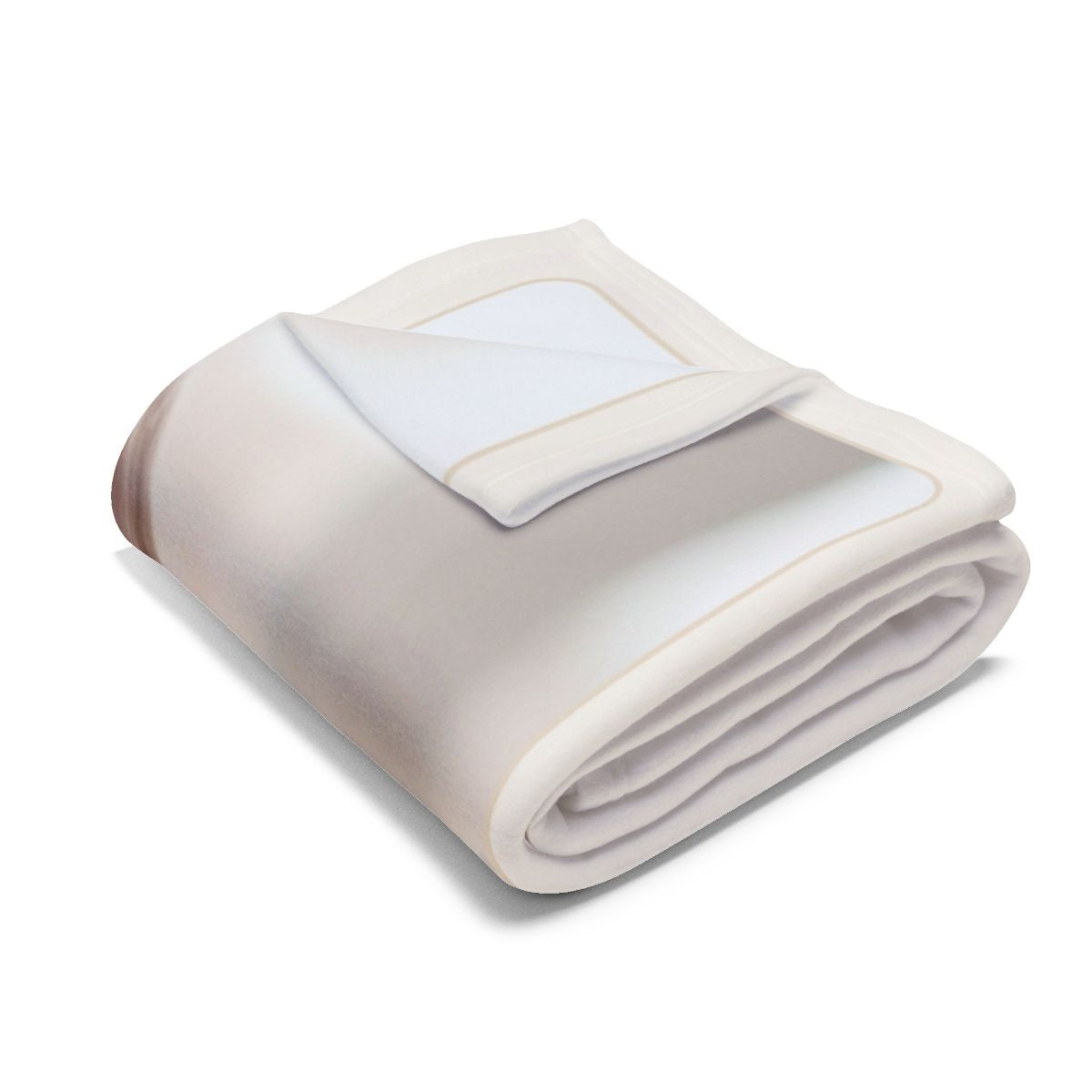 Baby photo fleece blanket folded into a bundle, showing the cream border and only a sliver of the print