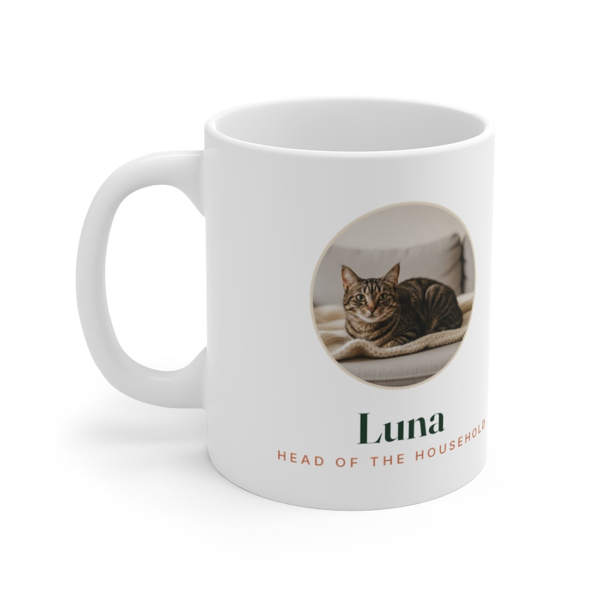 Personalised cat photo white mug mock-up, handle on the left, with a round tabby photo, 'Luna' and 'Head of the household'