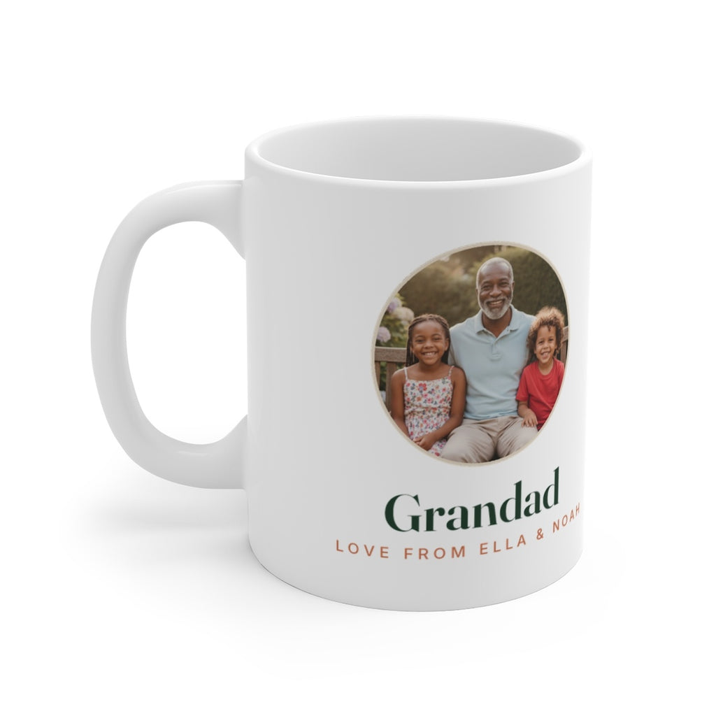 Personalised grandparent photo mug mock-up, round sample photo showing a grandad and two children, 'Grandad' beneath