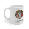 Personalised grandparent photo mug mock-up, round sample photo showing a grandad and two children, 'Grandad' beneath