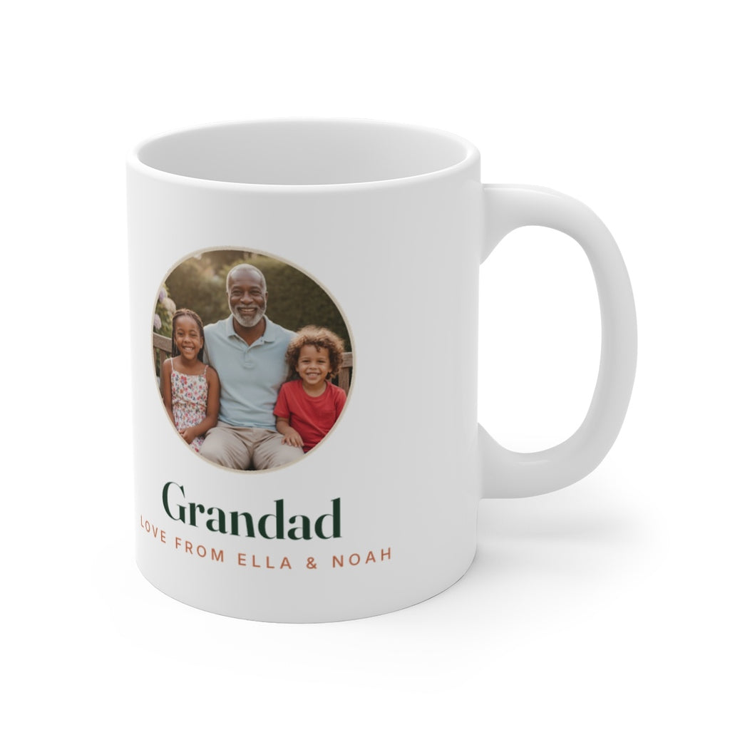 Grandparent photo mug mock-up from the other side, handle on the right, sample message 'Love from Ella & Noah' beneath