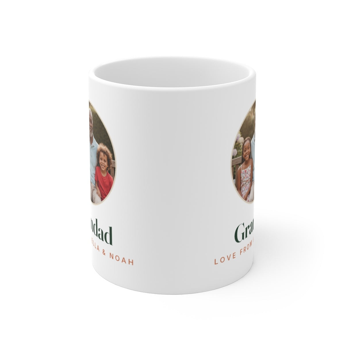 Grandparent photo mug mock-up seen front-on with the handle hidden, the round photo and 'Grandad' printed on both sides