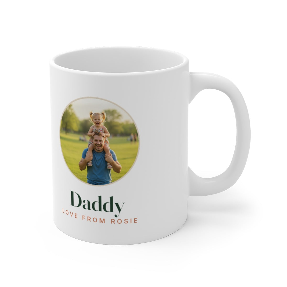 Personalised Daddy photo mug mock-up turned to show the round park photo and 'Daddy' with the handle on the right