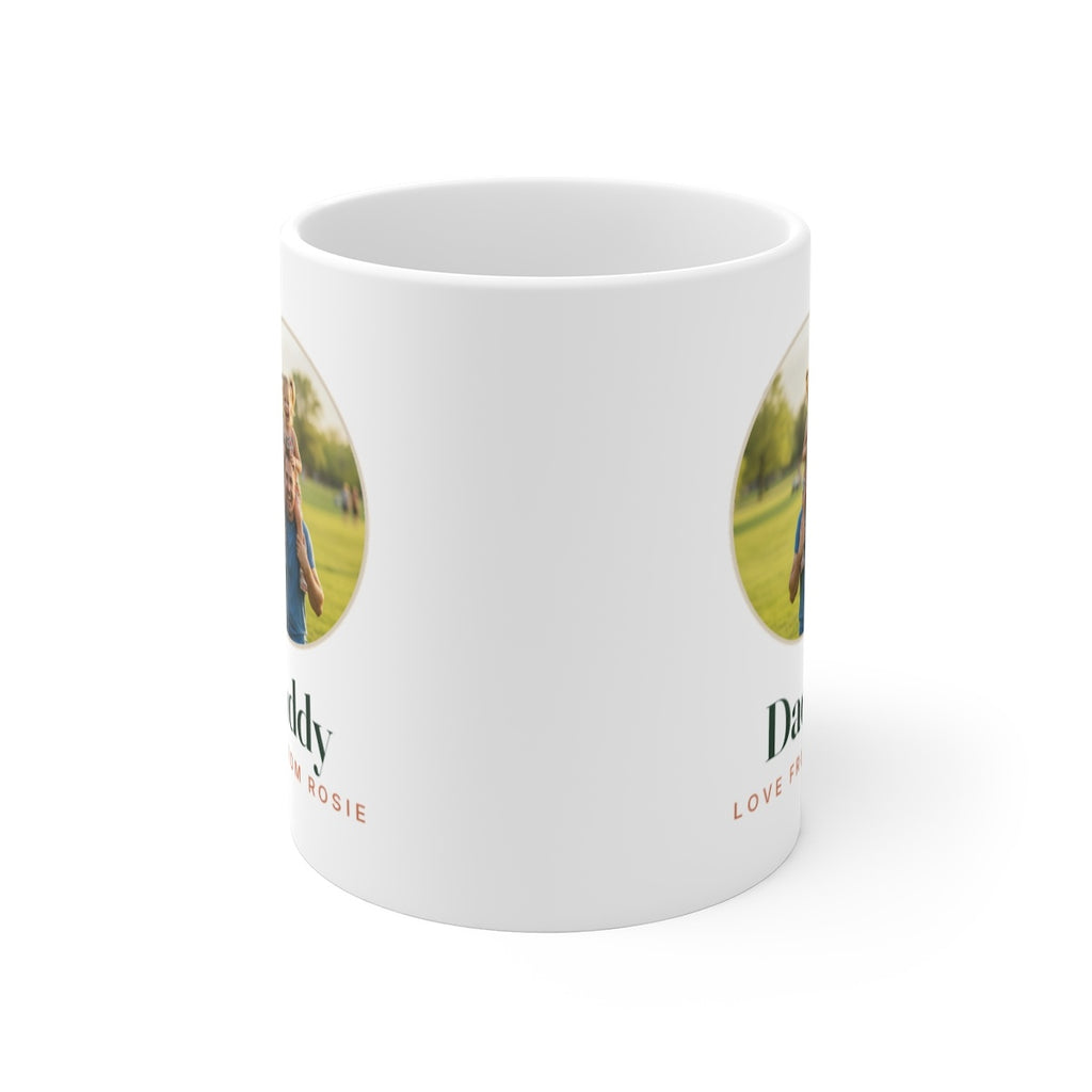 Personalised Daddy photo mug mock-up seen from the front, showing the photo and 'Daddy' printed on both sides