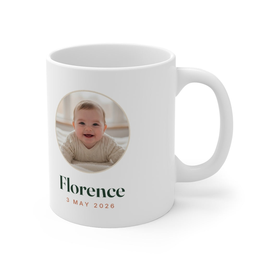 Baby photo mug mock-up with the handle on the right, showing the round photo, 'Florence' and '3 May 2026'