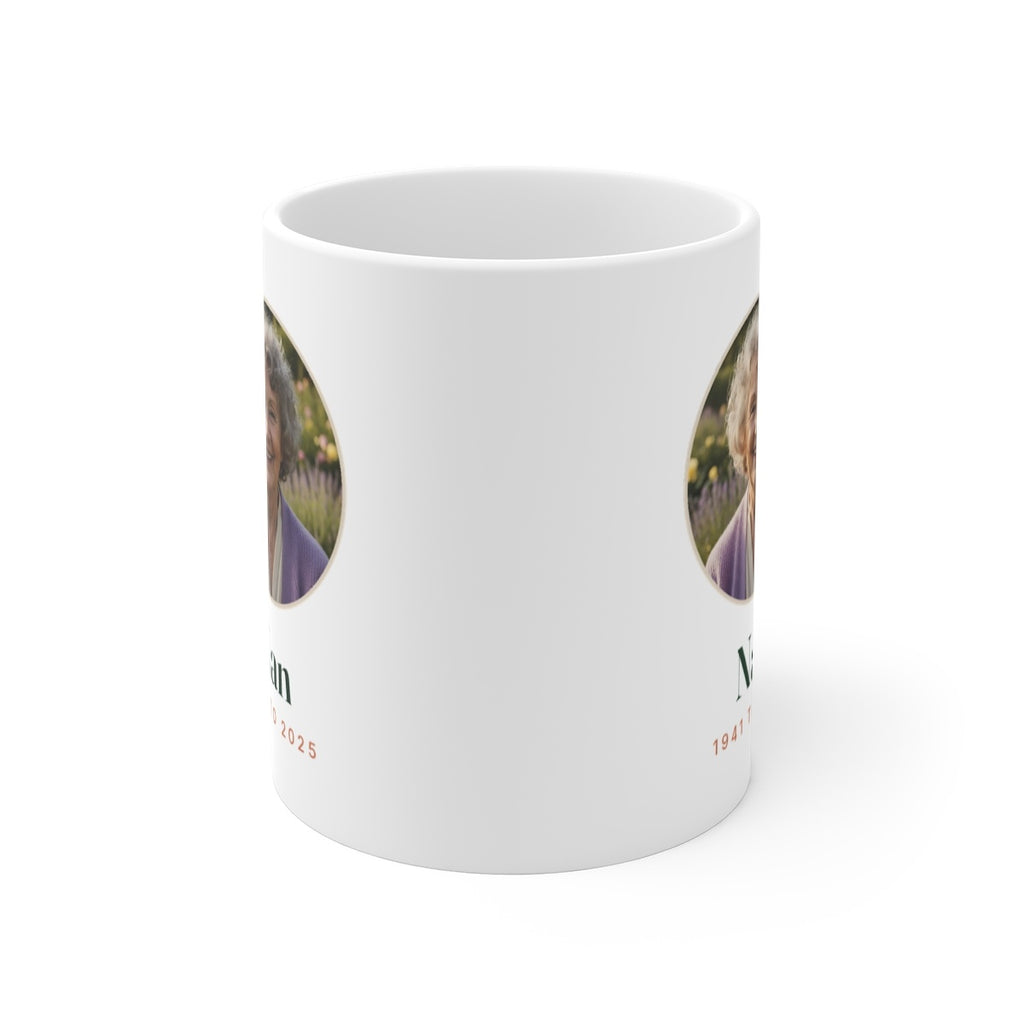 In Loving Memory photo mug seen from the front with the handle behind, showing the design printed on both sides